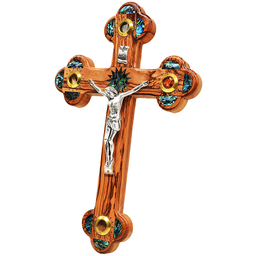 Olive Wood Cross and Crucifix – Mother of Pearl – 3 Incense & Holy Soil – 11″ (side)