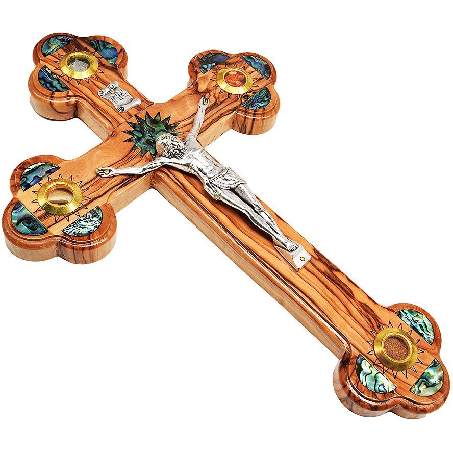 Olive Wood Cross and Crucifix – Mother of Pearl – 3 Incense & Holy Soil – 11″ (top view)