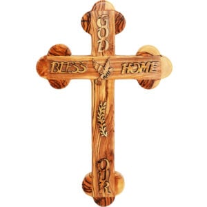 Olive Wood Orthodox Wall Hanging Cross 'God Bless Our Home' - 10" (front)