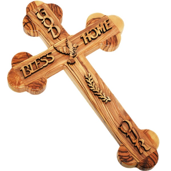 Olive Wood Orthodox Wall Hanging Cross 'God Bless Our Home' - 10" (angle view)