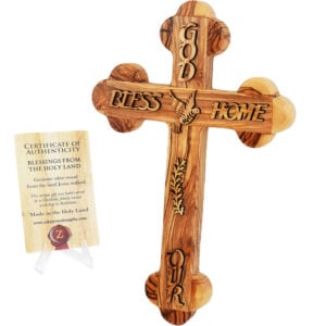 Olive Wood Orthodox Wall Hanging Cross 'God Bless Our Home' - 10"