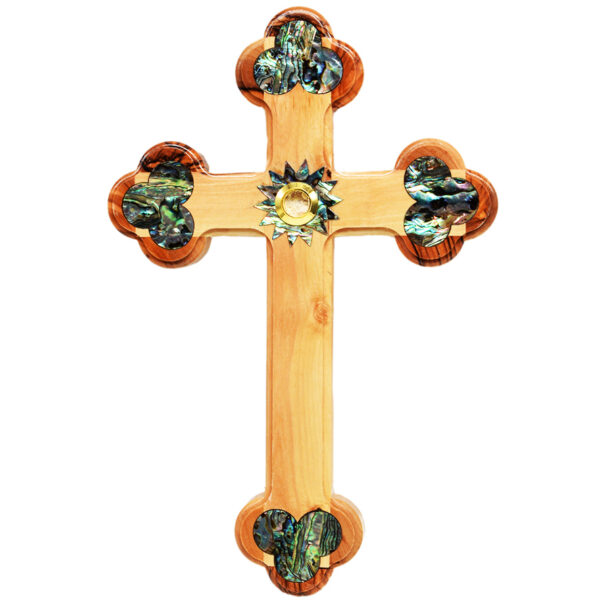 Orthodox Olive Wood Cross with Mother of Pearl and Incense - 9" (front view)