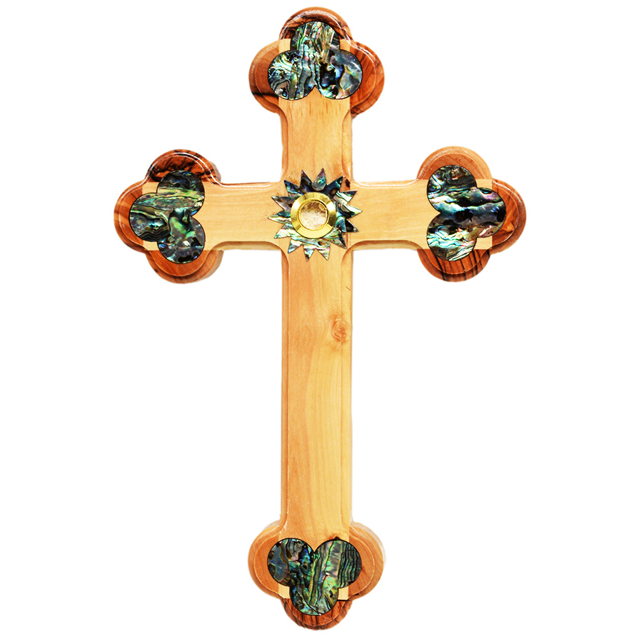 Orthodox Olive Wood Cross with Mother of Pearl and Incense – 9″ (front view)