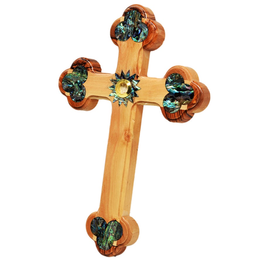 Orthodox Olive Wood Cross with Mother of Pearl and Incense – 9″ (side view)