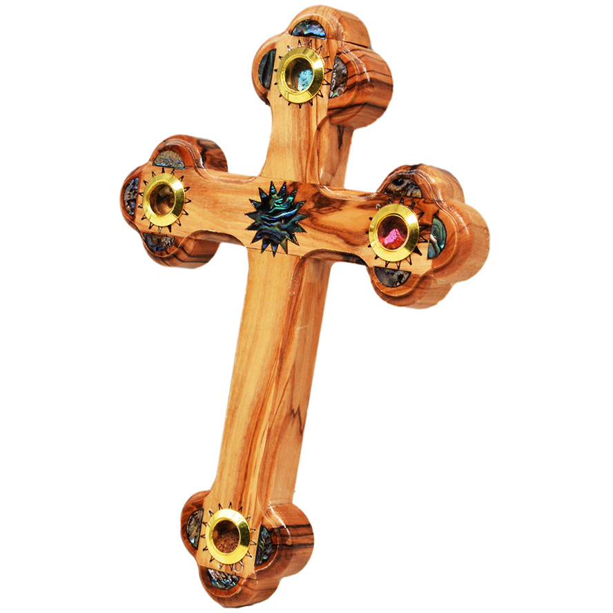 Olive Wood Cross with Mother of Pearl, Incense & Holy Soil – 7″ (angle)