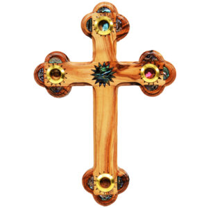 Olive Wood Cross with Mother of Pearl, Incense & Holy Soil - 7" (straight)