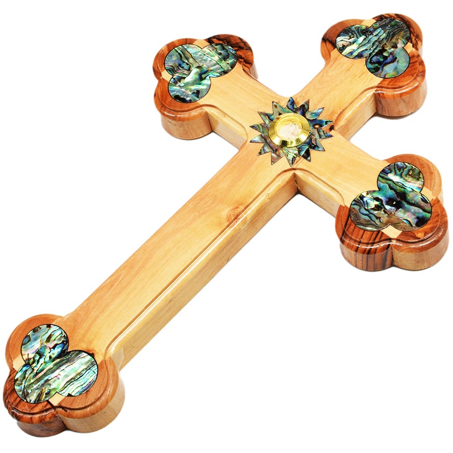 Orthodox Olive Wood Cross with Mother of Pearl and Incense – 9″