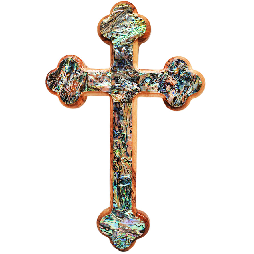 Olive Wood Orthodox Cross with Mother of Pearl inlay 11″ (front view)