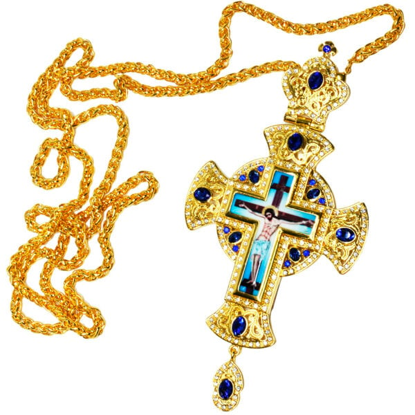 Bishop's Pectoral Cross with Crucifix, Blue Jewels and Zircon (with large chain)