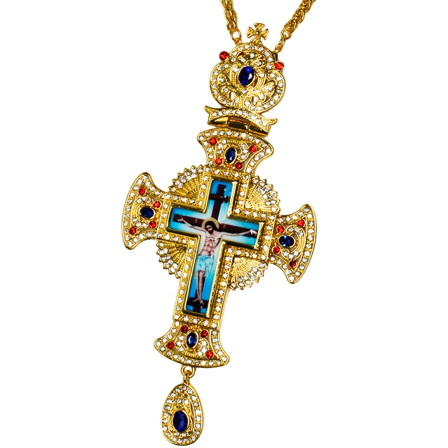 Bishop's Pectoral Crown Cross with Red and Blue Jewels