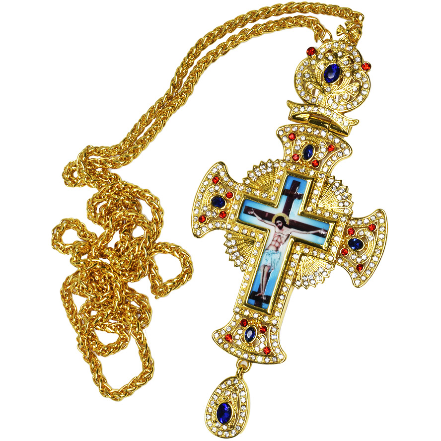 Bishop's Pectoral Crown Cross with Red and Blue Jewels, Zircon and Crucifix (with large chain)