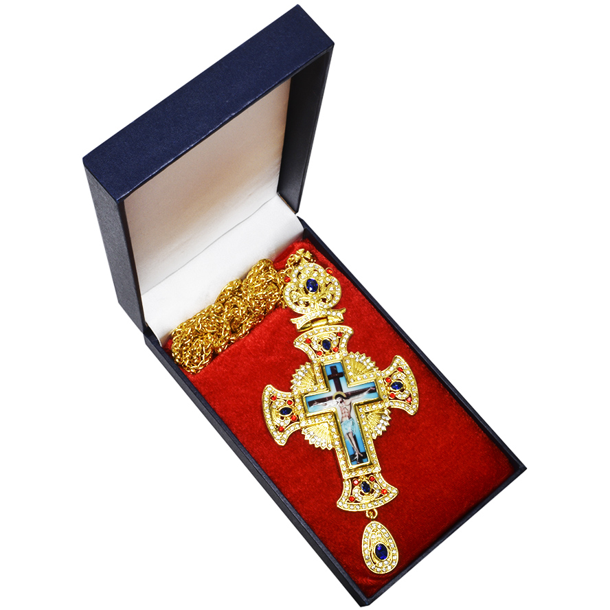 Bishop’s Pectoral Crown Cross with Red and Blue Jewels, Zircon and Crucifix (Presentation gift box)