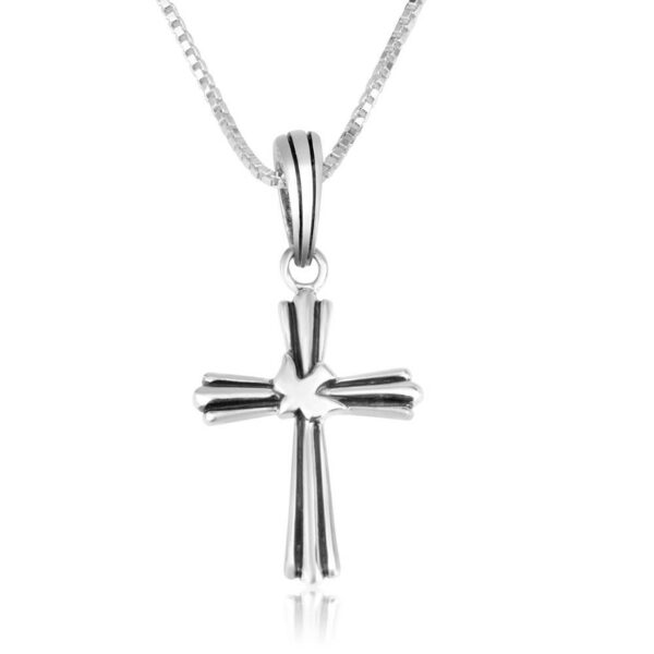 ✟ Sterling Silver Trinity Cross with Dove Necklace - Oxidized