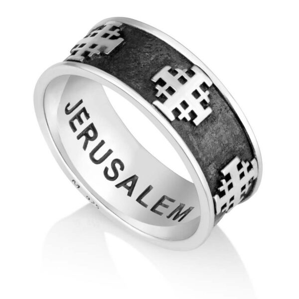 Oxidized 'Jerusalem Cross' Engraved Sterling Silver Ring - Made in Israel