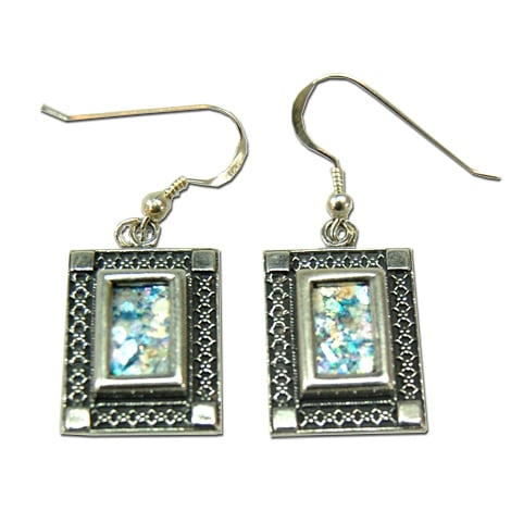 Roman Glass Earrings – Sterling Silver – Square
