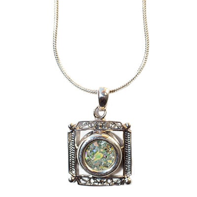 Square 'Roman Glass' Pendant - Decorated Sterling Silver Frame