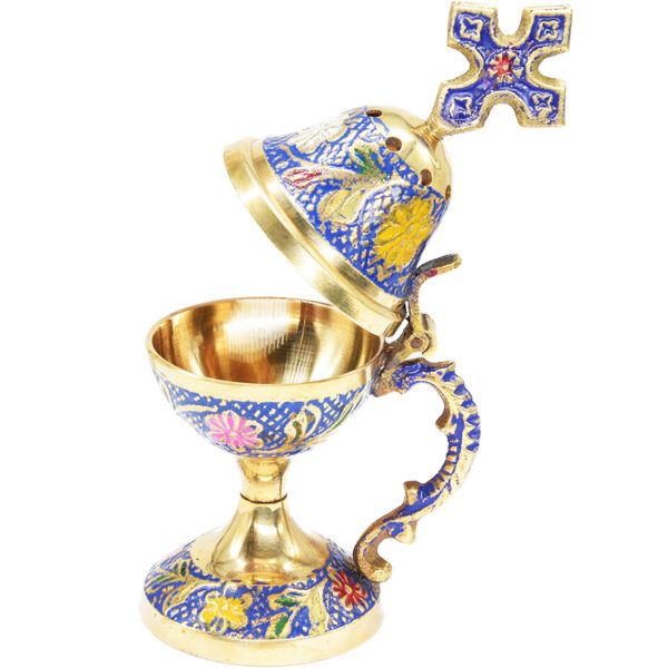 Painted brass incense burner with cross (open top)