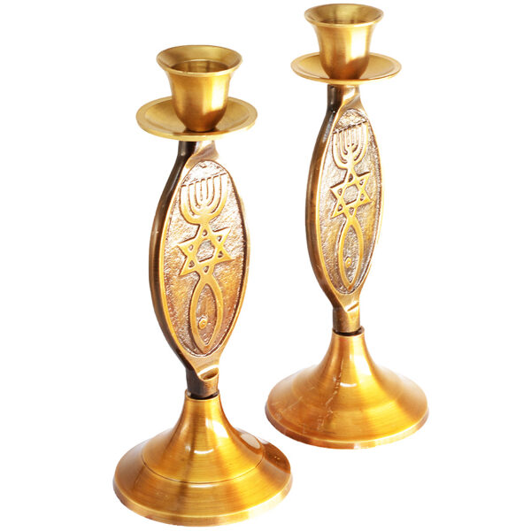 Pair of Messianic 'Grafted in' Brass Candle Holders from Jerusalem - 6" (angle view)