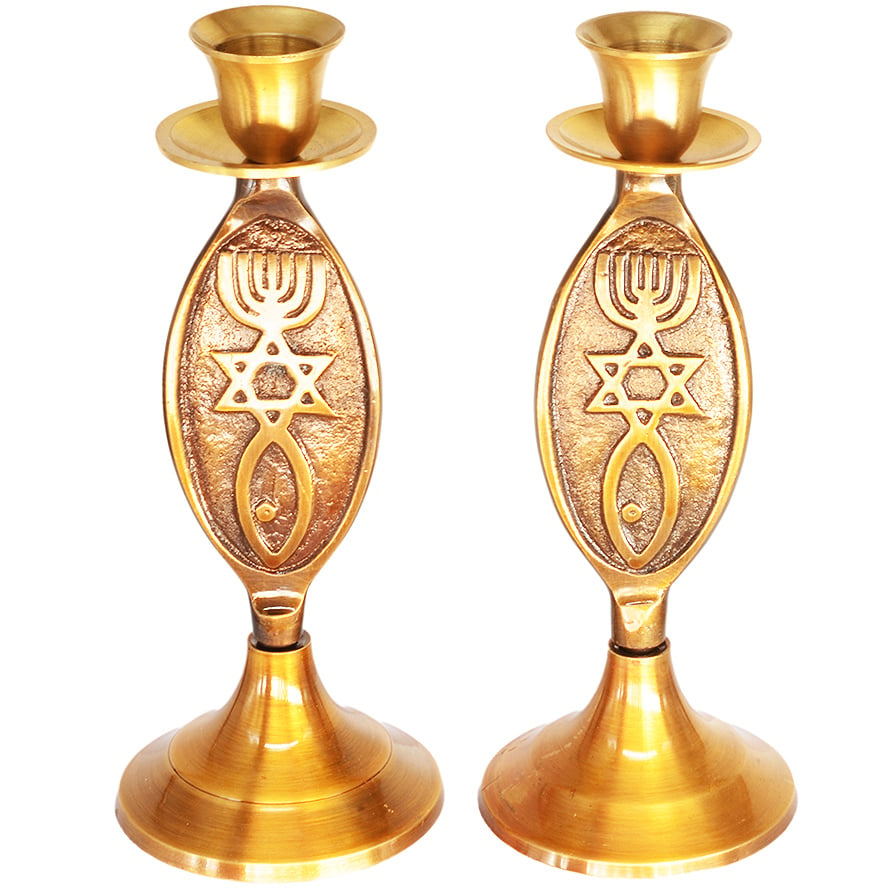 Pair of Messianic 'Grafted in' Brass Candle Holders from Jerusalem - 6"