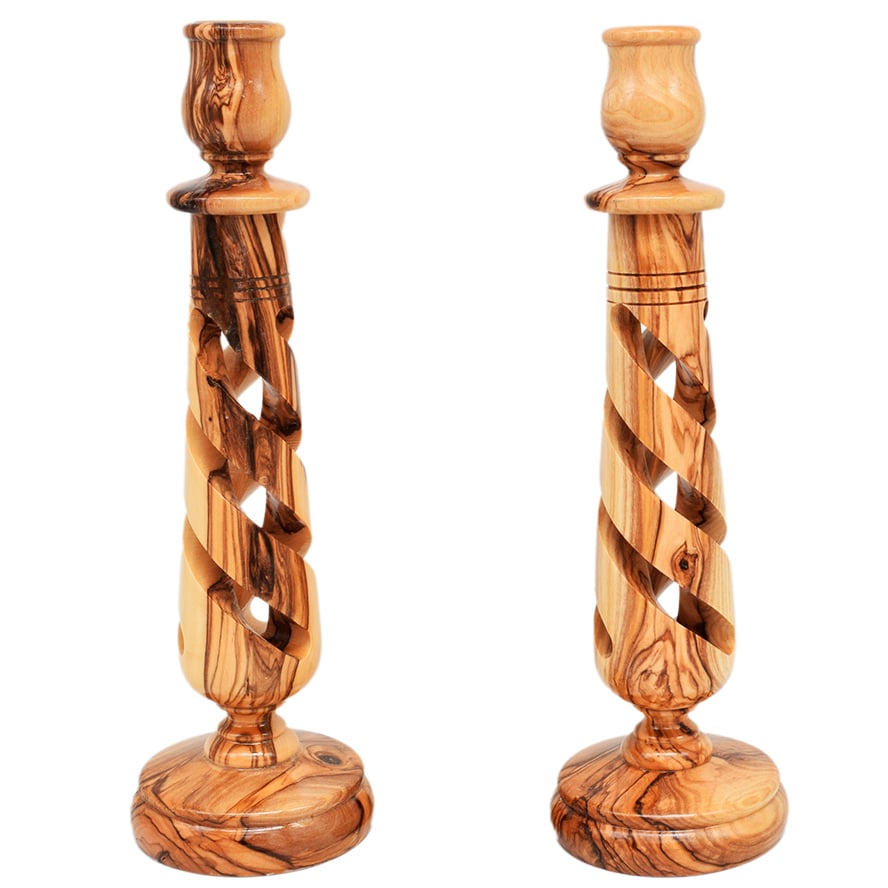 Pair of Olive Wood Spiral Candle Holders from Jerusalem – 10″