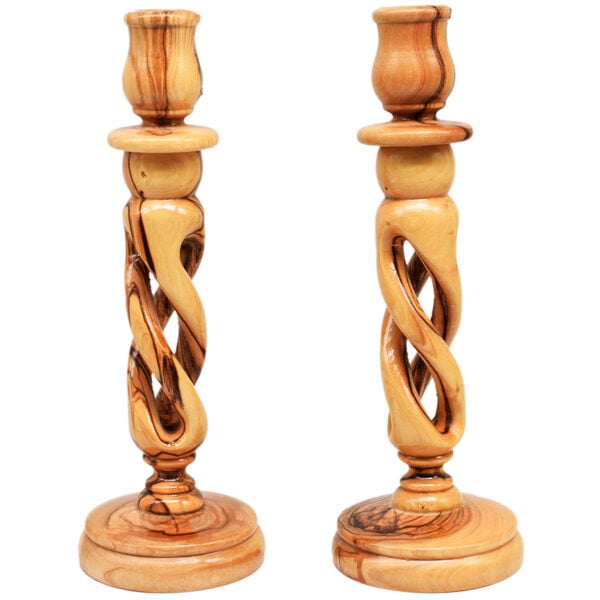 Pair of Olive Wood Spiral Candlesticks from Jerusalem - 7"