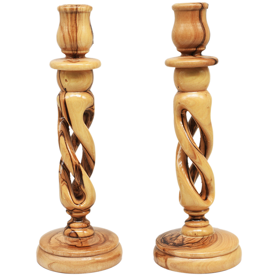 Pair of Olive Wood Spiral Candlesticks from Jerusalem – 7″