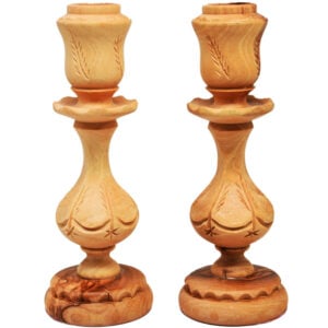 Carved Olive Wood Decorated Candle Holders from Jerusalem - 6.5"