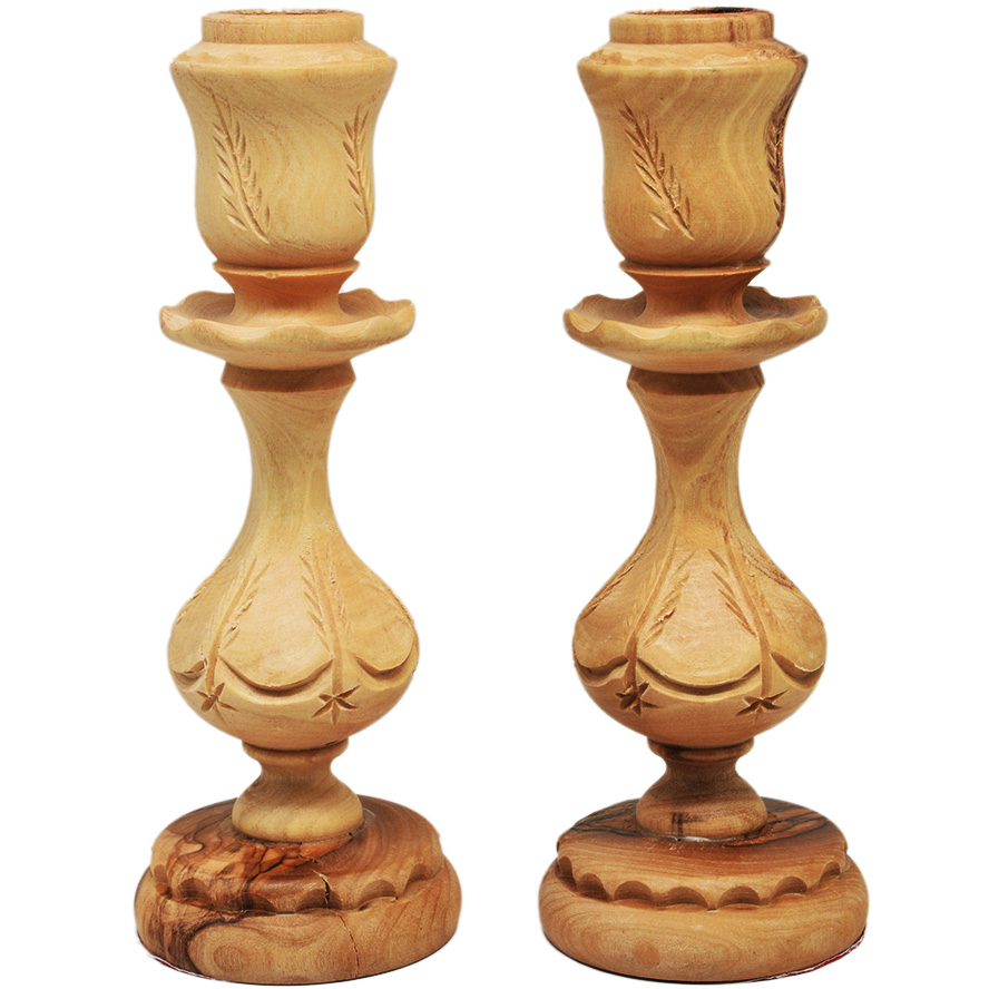 Carved Olive Wood Decorated Candle Holders from Jerusalem – 6.5″