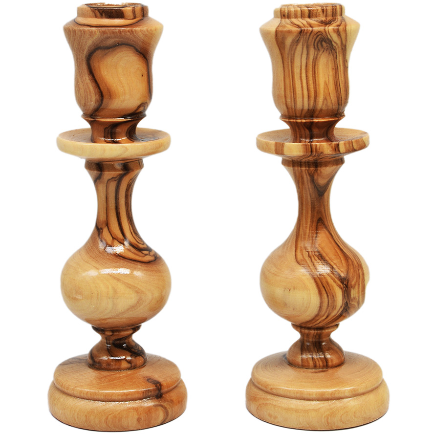 Elegant Pair of Olive Wood Bethlehem Candle Holders – 6″