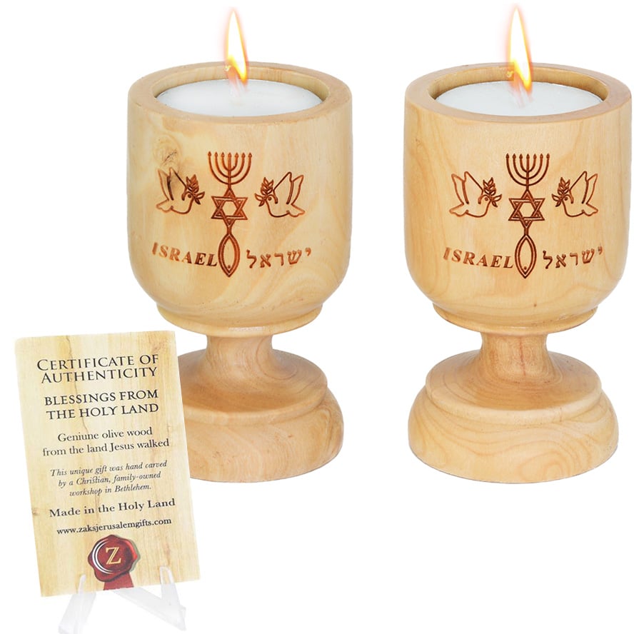 Pair of Olive Wood Messianic Candle Holders – Made in Israel (with certificate of authenticity)