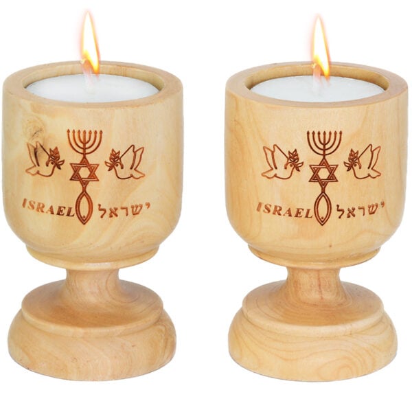 Pair of Olive Wood Messianic Candle Holders - Made in Israel