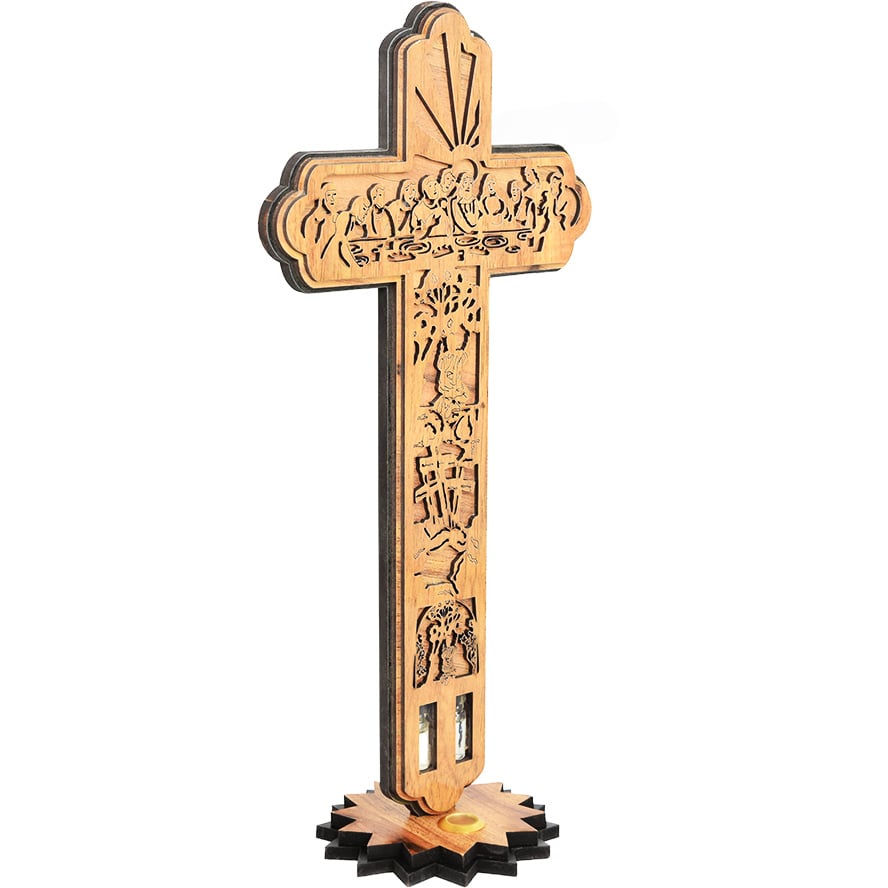 ‘The Passion of Christ’ on an Olive Wood Cross with Incense – 14″ (angle view)