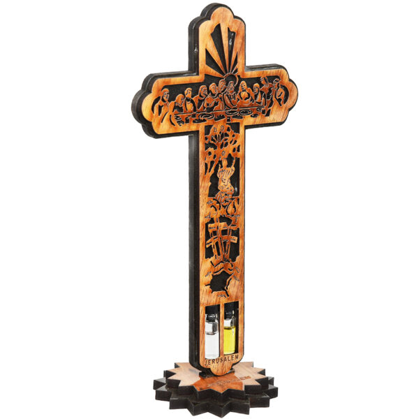 'The Passion of Christ' Story Carved on an Olive Wood Standing Cross - 8.5" (angle view)