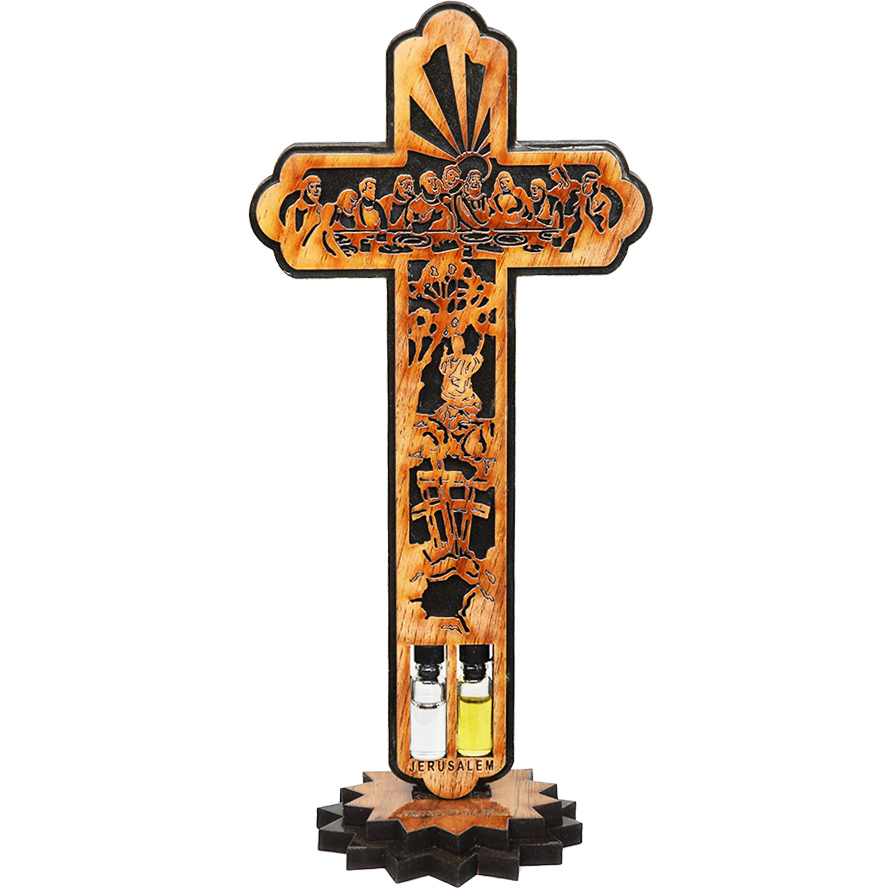 'The Passion of Christ' Story Carved on an Olive Wood Standing Cross - 8.5"