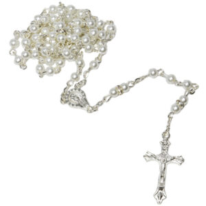 Pearly White Ball Rosary Beads with 'Virgin Mary' Icon