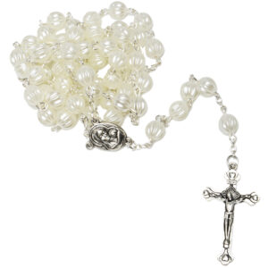 Pearly White carved Rosary Beads with 'Virgin Mary' Icon