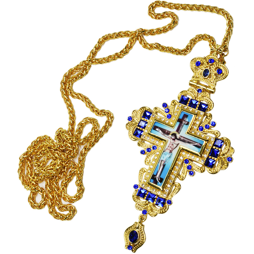 Bishop's Pectoral Cross with Blue Square Jewels, Zircon and Crucifix (with chain)