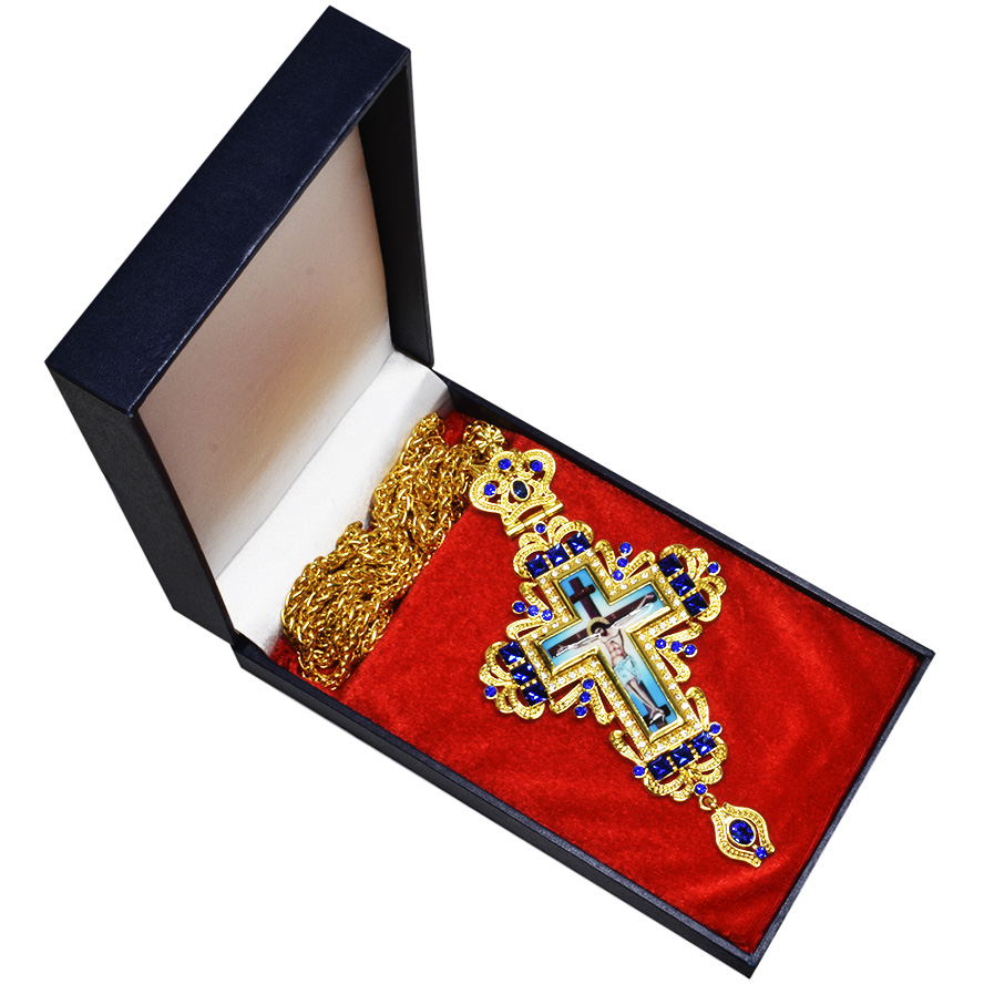 Bishop’s Pectoral Cross with Blue Square Jewels, Zircon and Crucifix (presentation box)
