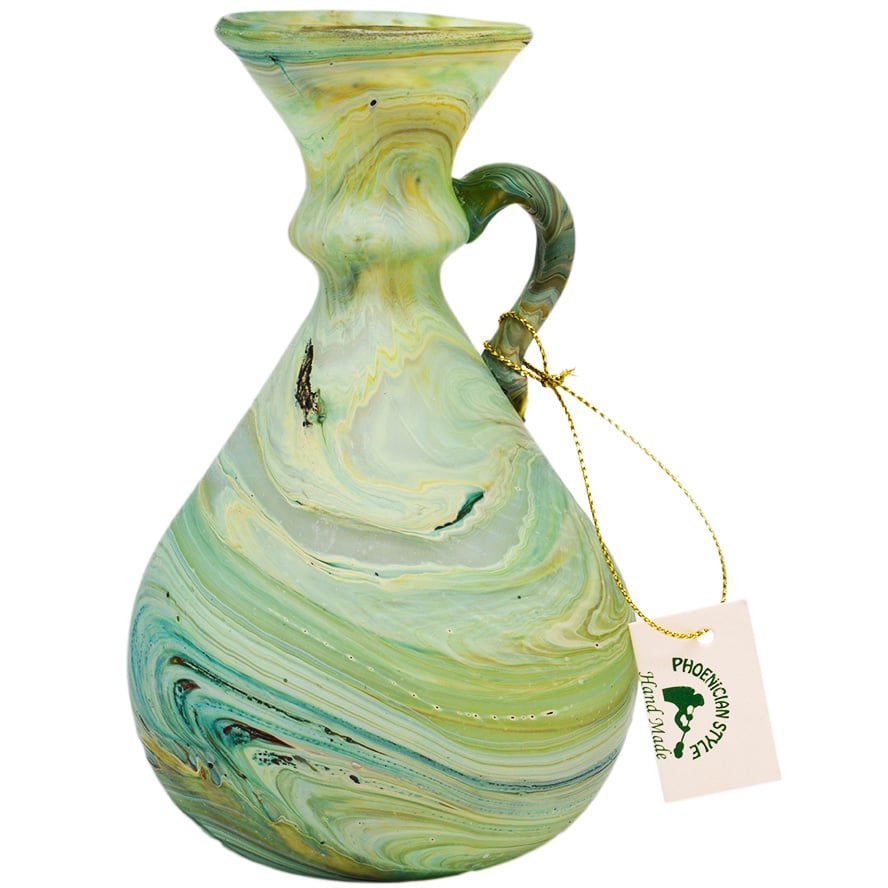 Phoenician Glass Oil Jug with Handle – Made in the Holy Land – Greens 5.5″