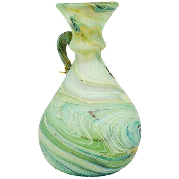 Phoenician Glass Oil Jug with Handle - Made in the Holy Land - Greens 5.5" (side view)