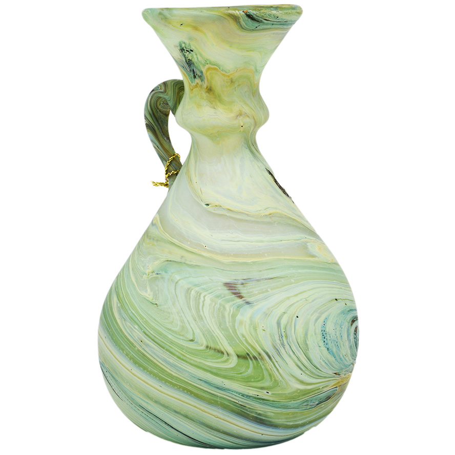 Phoenician Glass Oil Jug with Handle – Made in the Holy Land – Greens 5.5″ (side view)