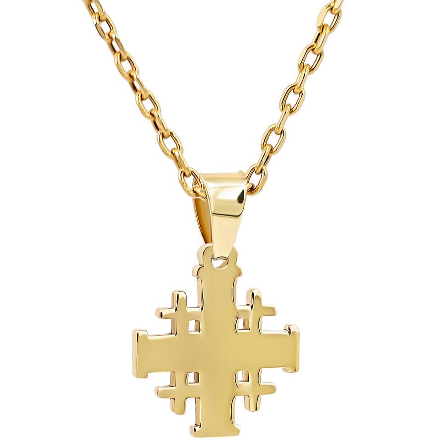 'Jerusalem Cross' Necklace in 14k Gold with 'Jerusalem' Engraving - Sizes