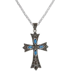 Pointed Cross Necklace - Sterling Silver and Marcasite with Blue Crystal (with chain)
