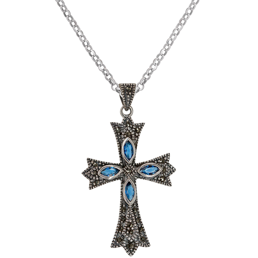 Pointed Cross Necklace – Sterling Silver and Marcasite with Blue Crystal (with chain)