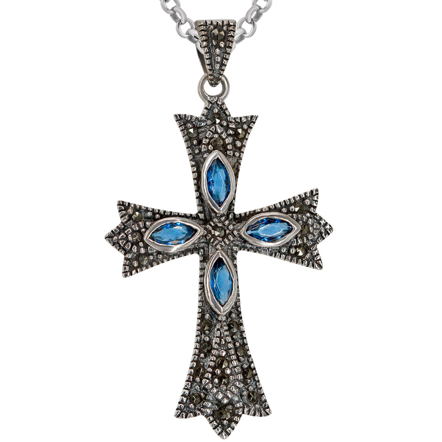 Pointed Cross Necklace - Sterling Silver and Marcasite with Blue Crystal