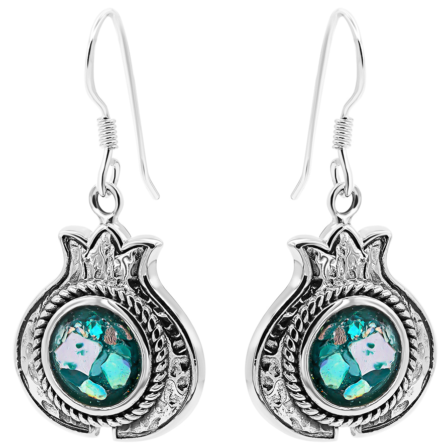 Silver 'Pomegranate' with Roman Glass Earrings - Made in Israel