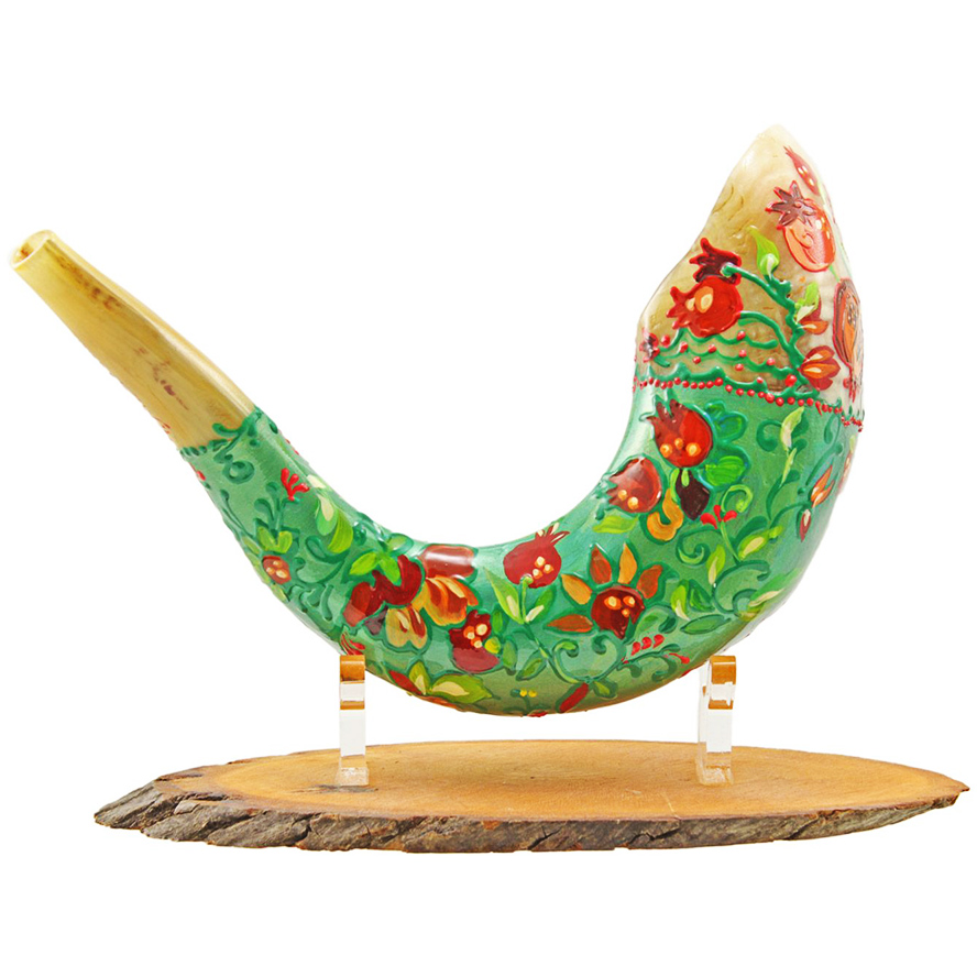 “Pomegranate” Hand-Painted Ram’s Horn Shofar By Sarit Romano