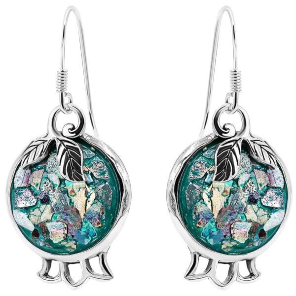 Roman Glass 'Pomegranate with Leaf' 925 Silver Earrings - Made in Israel