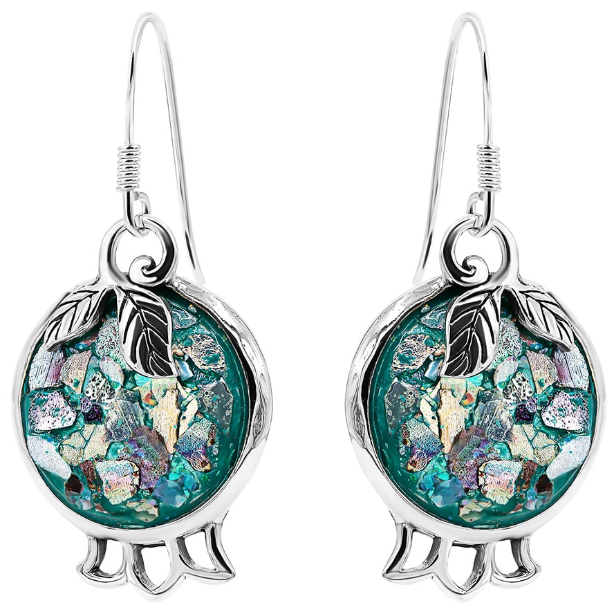 Roman Glass ‘Pomegranate with Leaf’ 925 Silver Earrings – Made in Israel