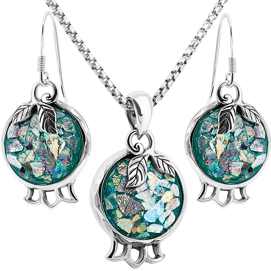 Roman Glass ‘Pomegranate with Leaf’ Jewelry Set – 925 Silver